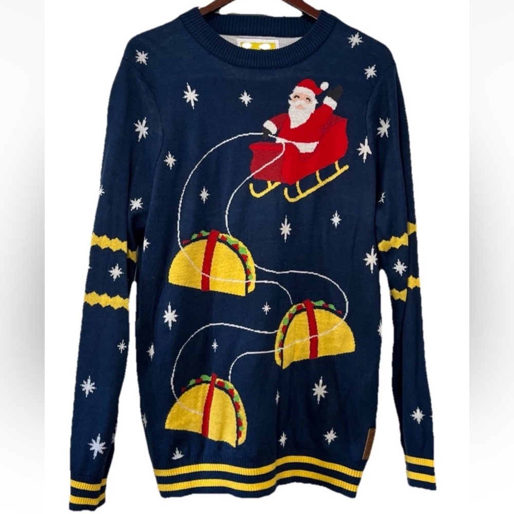 Tipsy Elves Festive Santa Tacos Blue Sweater Ugly Christmas sweater men’s Large